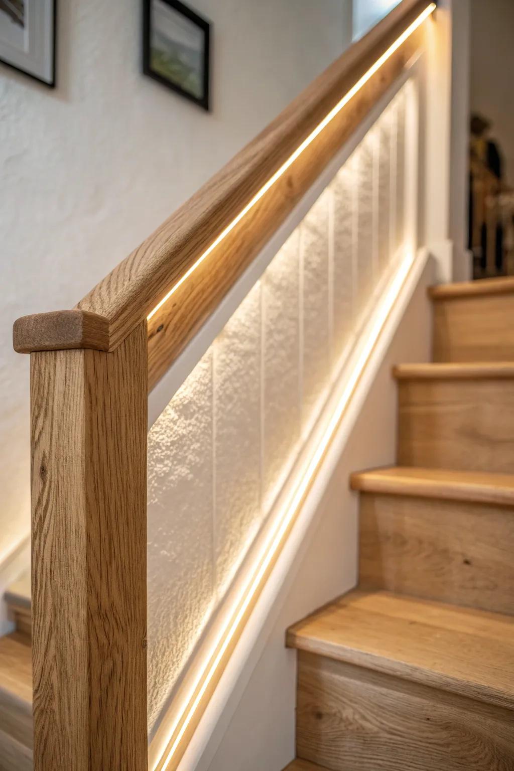 Warm under-rail LED lighting adds a luxe glow and safer night steps—perfect for natural oak.