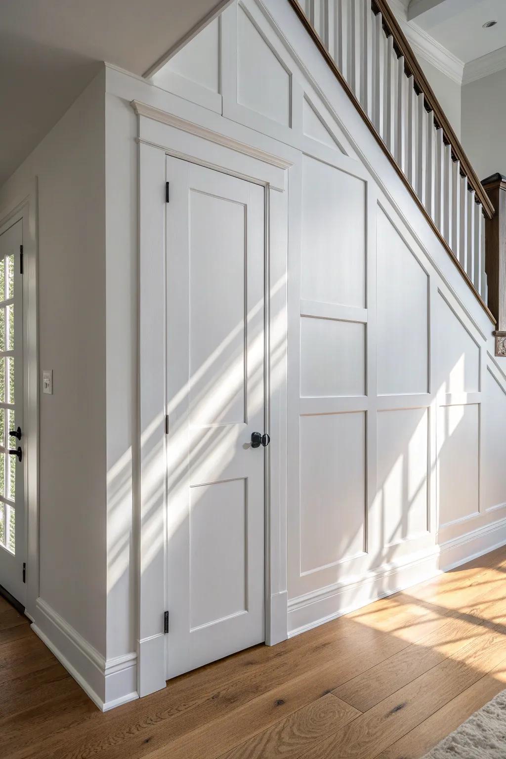 A seamless under-stair hidden door framed in matching panel trim for a clean, built-in look.