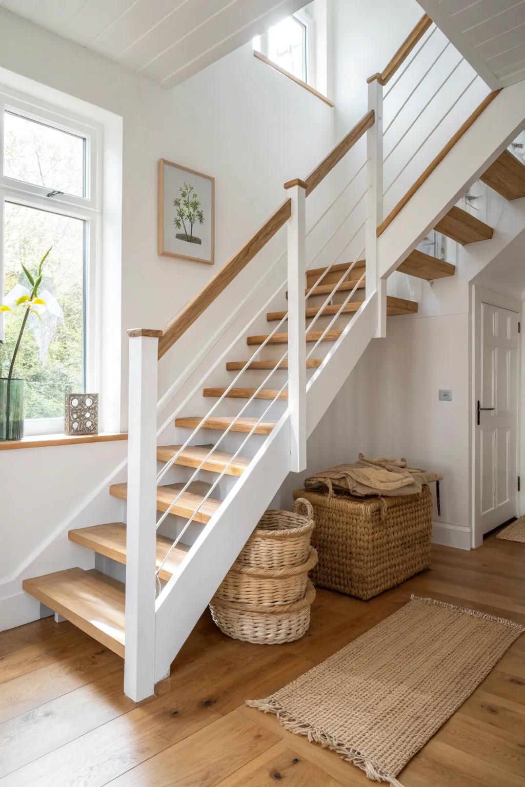 Space-saving loft stairs built over existing steps—clean lines, warm oak, and calm contrast.