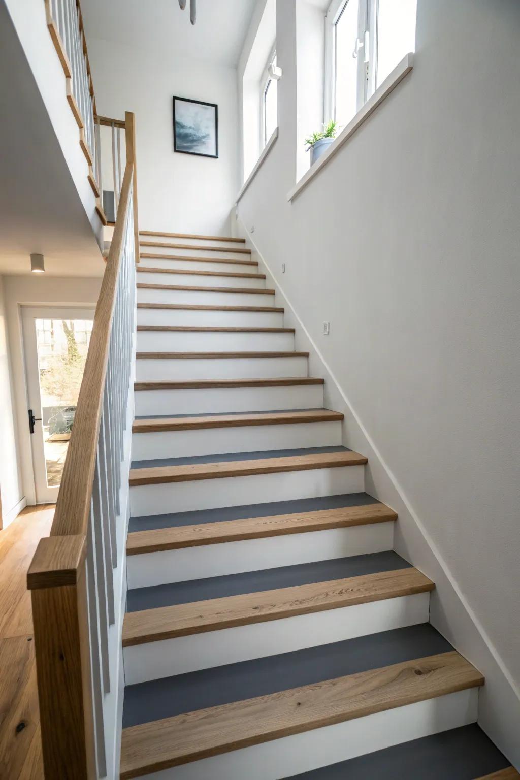 Ombre stairs that fade from airy white to moody charcoal for instant height and drama.