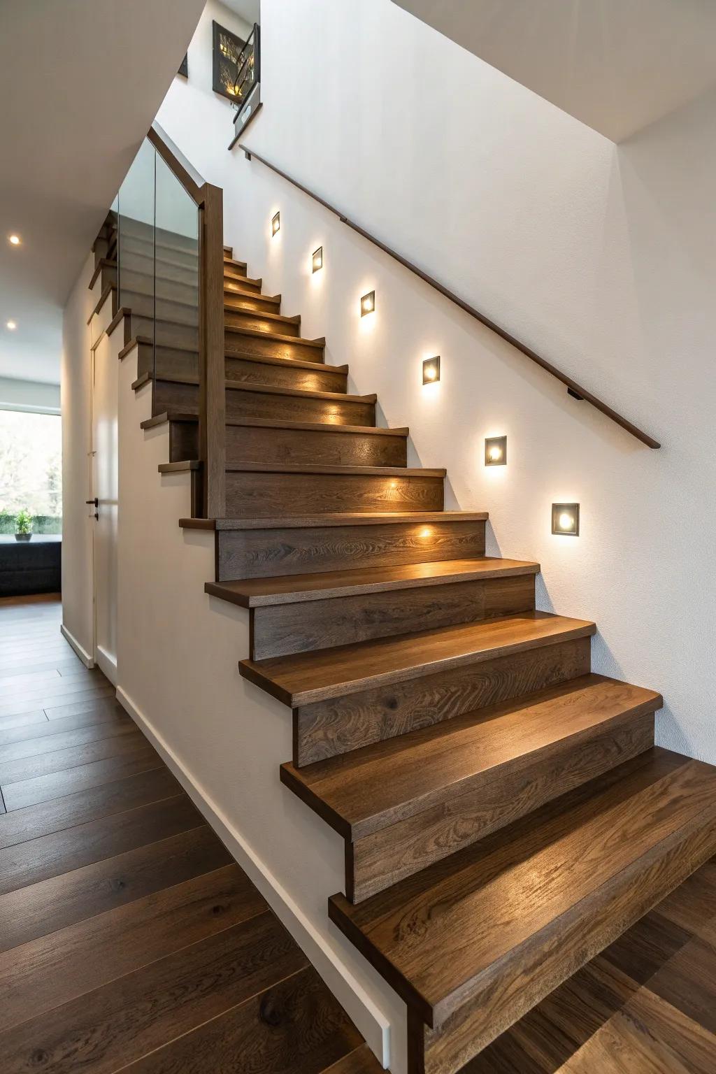 Subtle wall step lights make bare wood stairs feel luxe—and safer after dark, with a clean glow.