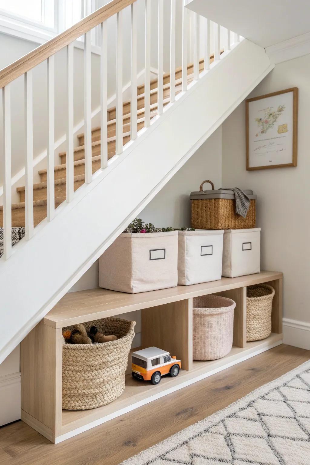 A calm toy “garage” under the stairs—low shelves and labeled bins for easy kid cleanup.