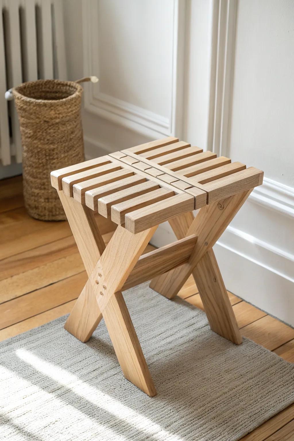 Interlocking slat stool—no screws, just satisfying puzzle-fit joinery and warm, minimal style.