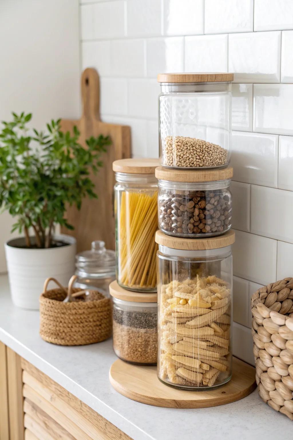 Elevate your pantry with stylish stackable mason jars for a tidy, minimalist haven.