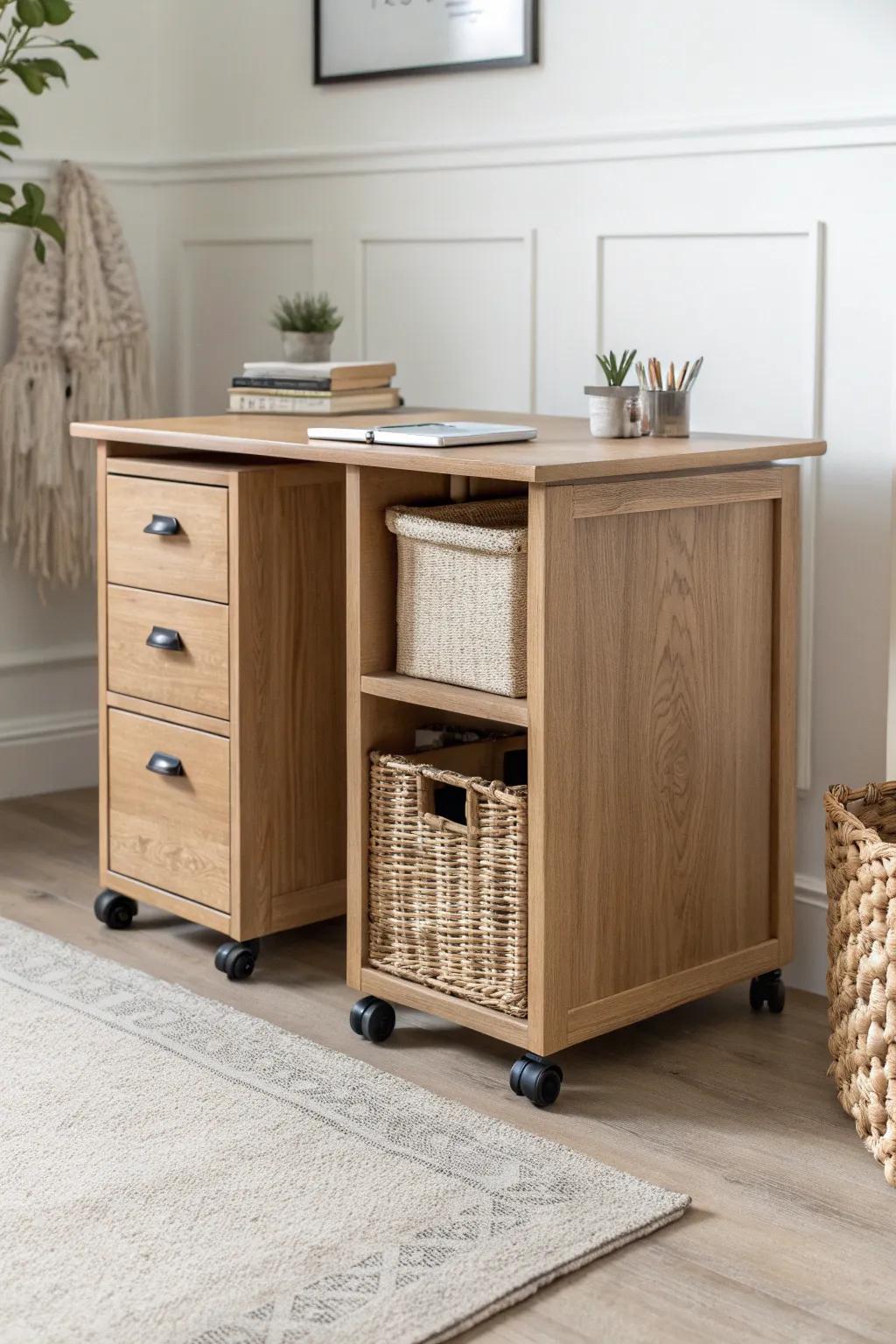 Rolling storage study desk base: solid oak top on caster units for easy, renter-friendly moves.