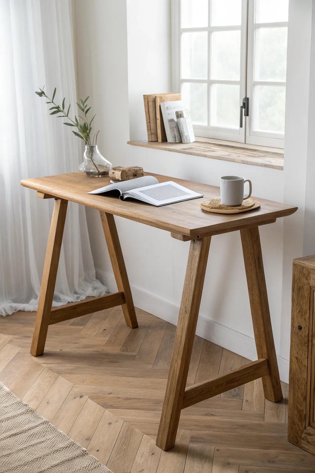 Standing study table with a smooth foot rail—simple oak craftsmanship for energized focus.
