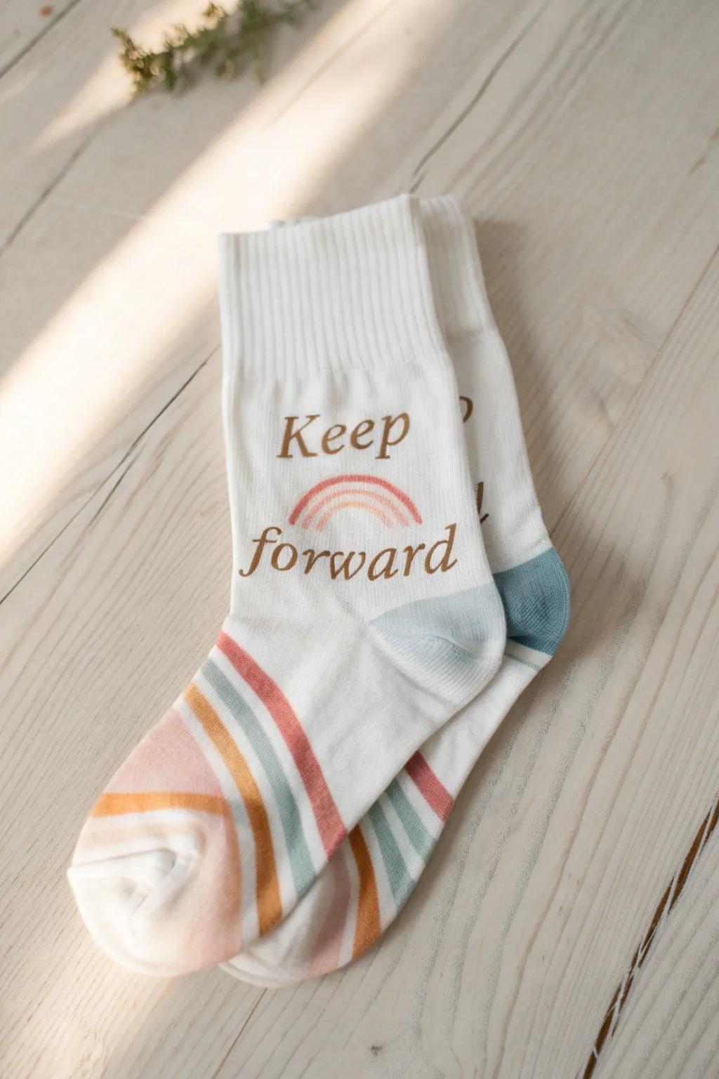 Step into positivity with these 'Keep Moving Forward' socks, perfect for a touch of inspiration in your everyday style.
