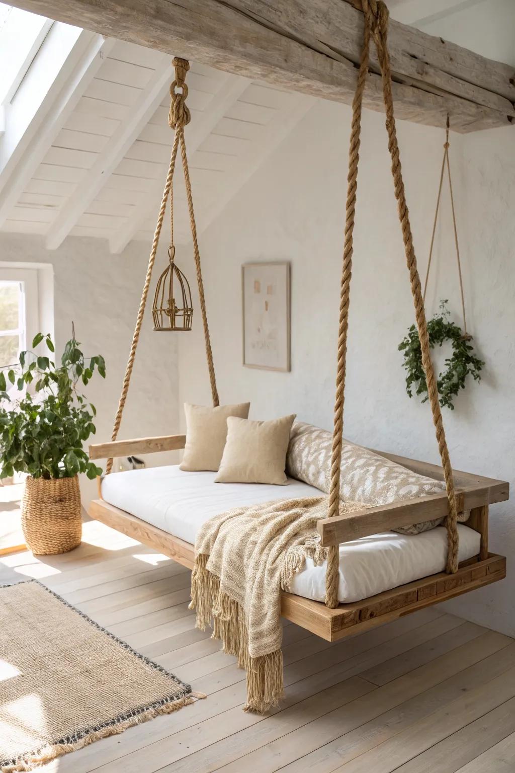 A floating daybed-sofa hybrid—Scandi clean lines, boho texture, perfect for naps and reading.