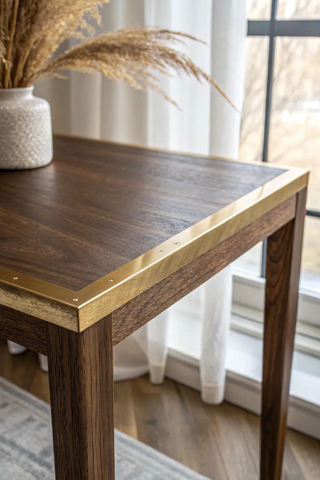A slim brushed-brass strip inlay adds a refined glow to dark walnut—simple, modern, luxe.