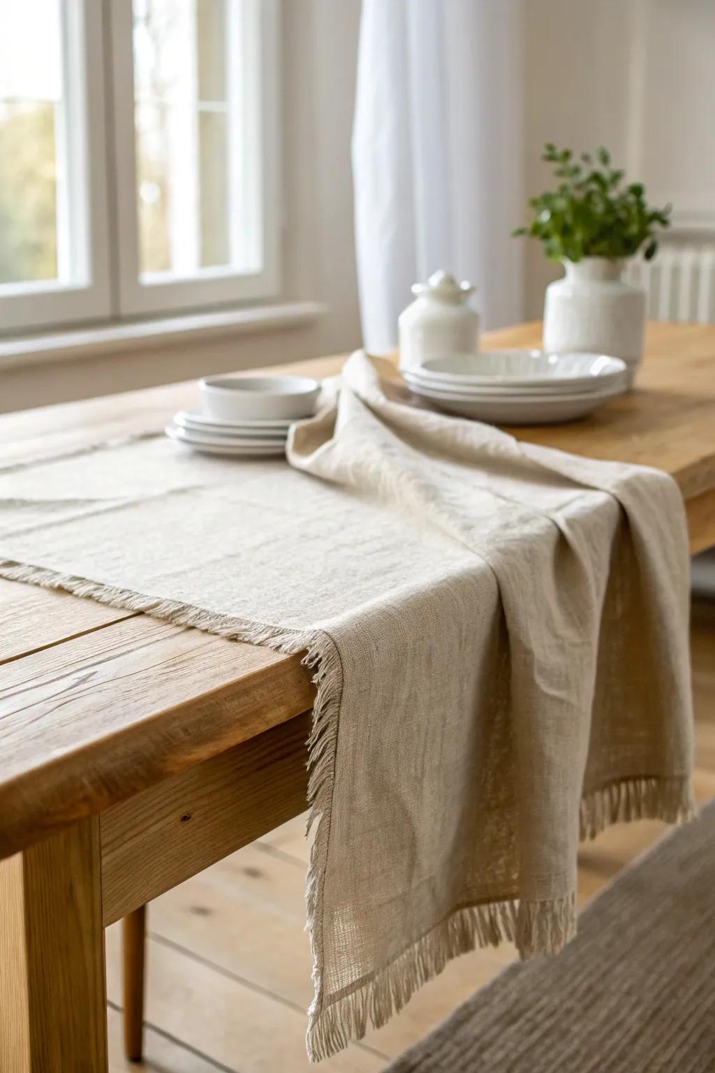 A neutral linen runner softens the wood and makes any tabletop display feel styled on purpose.