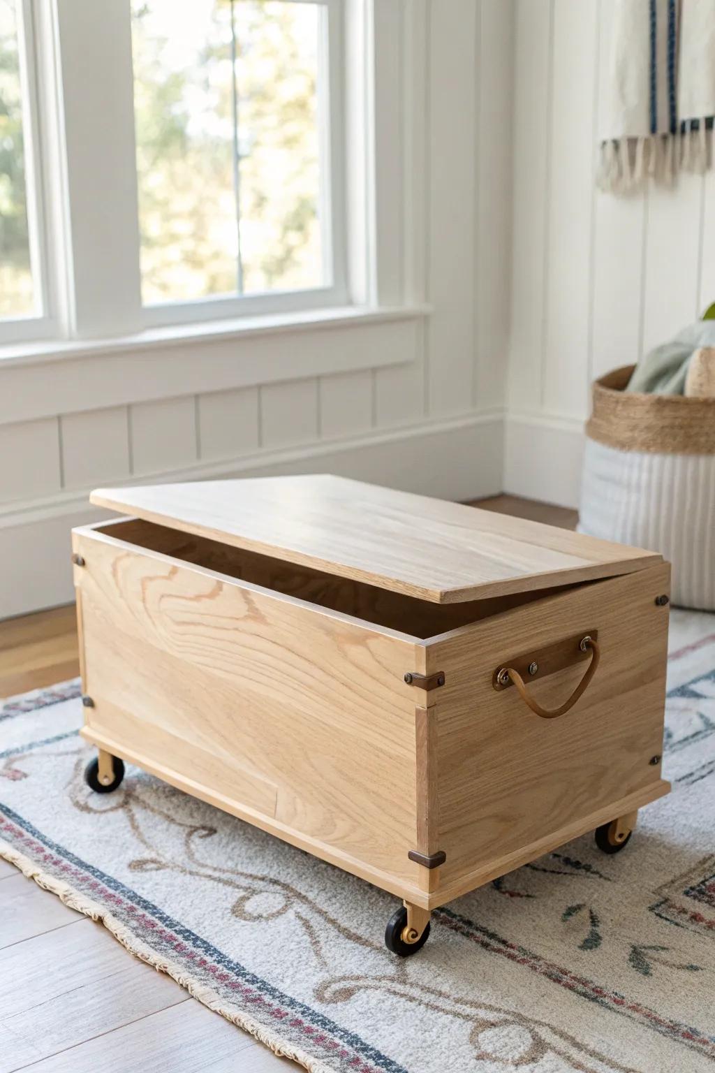 A rolling wooden toy box with safe lid stays—minimal, warm, and made to follow the mess.