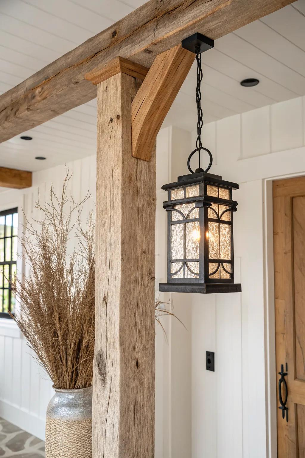 Lantern pendant on a timber king post—warm, welcoming glow with timeless frame character.