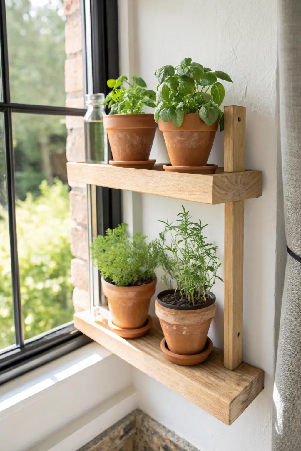 A slim oak window herb shelf brings fresh basil and rosemary within arm’s reach in tiny kitchens.