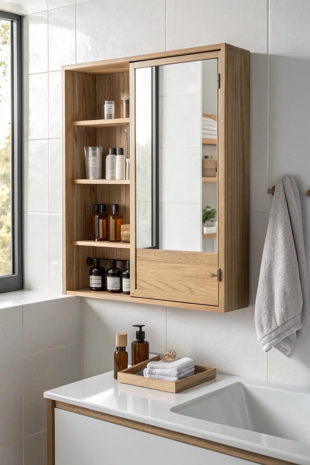 A sleek oak-framed mirror cabinet keeps tiny home bathroom essentials hidden and stylish.