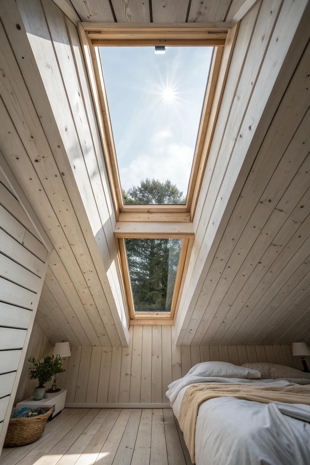 Wood-framed peak skylight: bright daylight that opens the room and makes every grain glow.