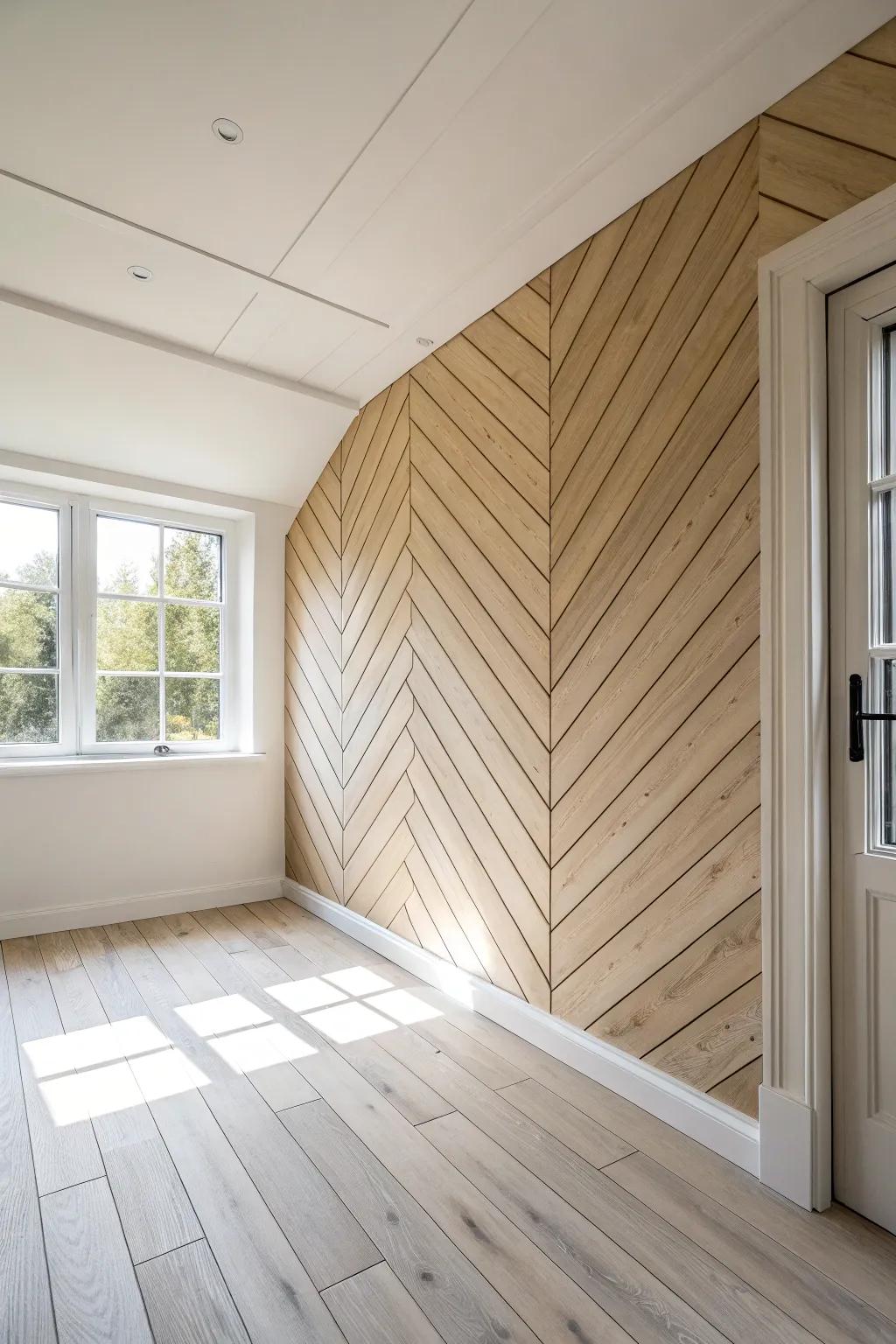 Diagonal tongue-and-groove planks add instant motion—simple, warm, and beautifully crafted.