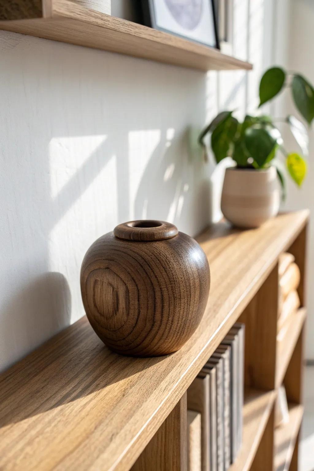 A handmade wood sculpture brings warm, sculptural craftsmanship to the top of your bookshelf.