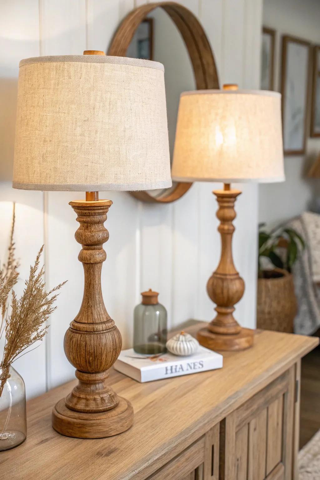 Matching wood lamps create a calm, balanced glow—an easy traditional decor upgrade.