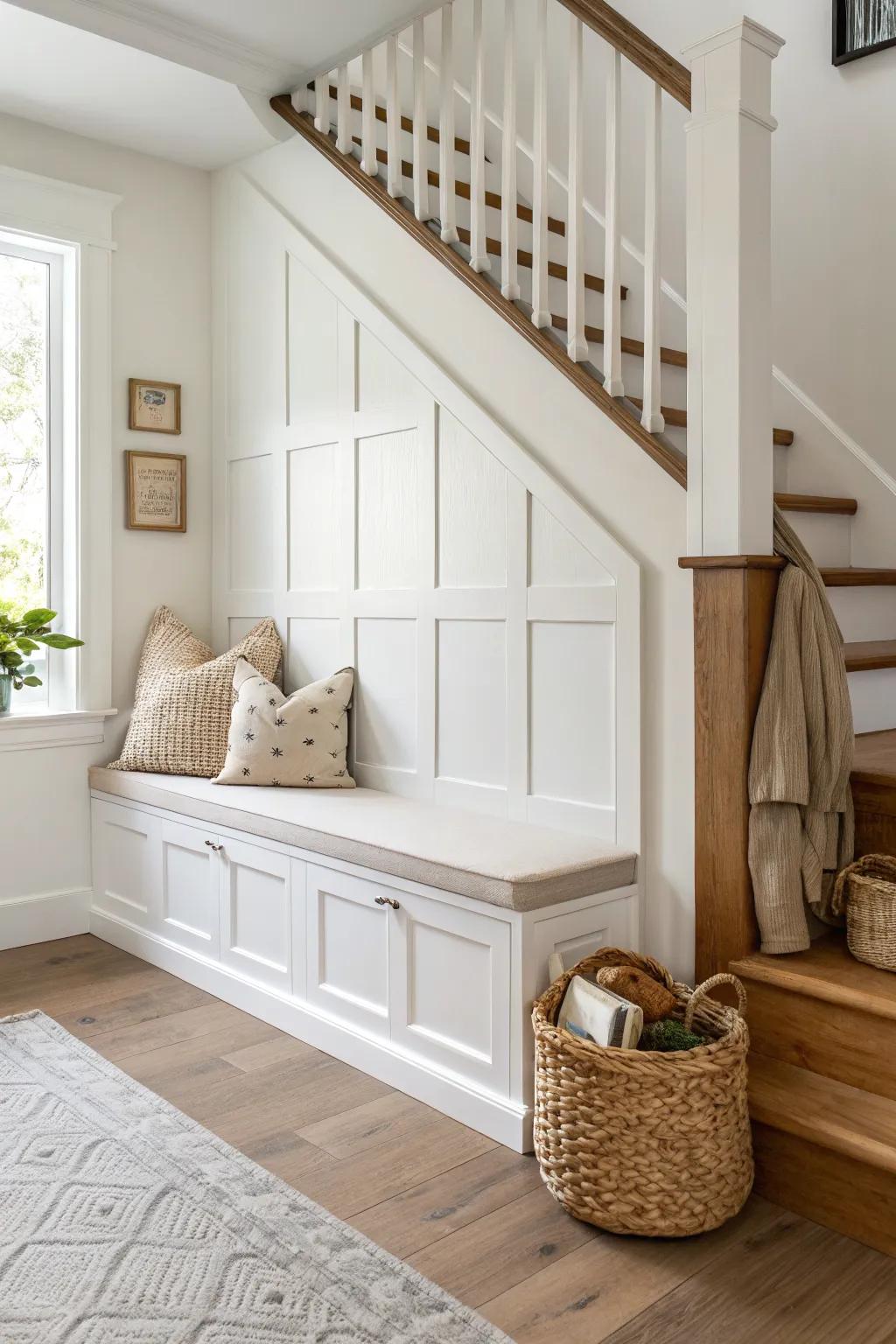 Under-stair paneled bench: traditional millwork charm with a calm Scandinavian, cozy Boho touch.
