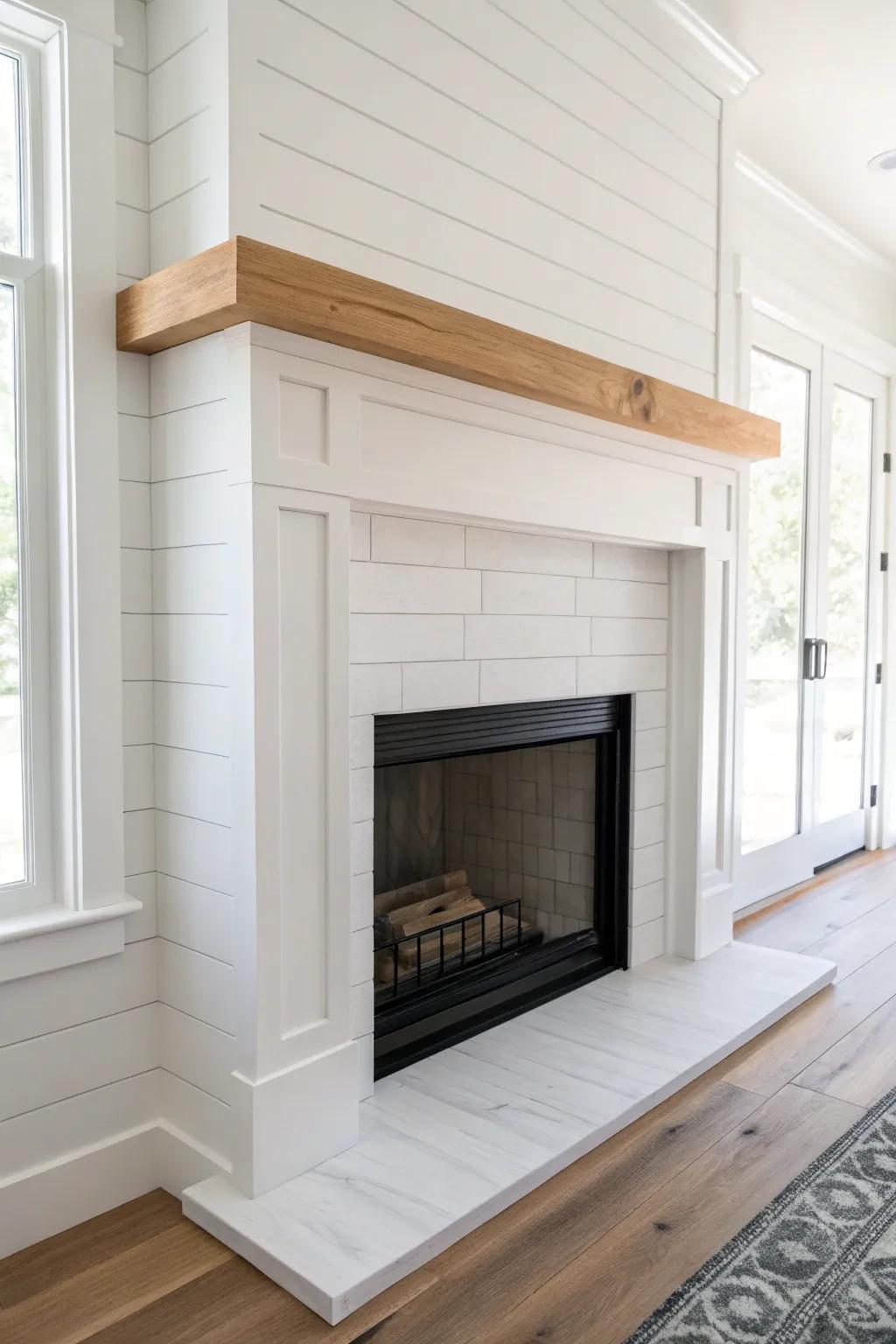 Crisp shiplap + simple panel molding for a tailored transitional fireplace—texture, not clutter.