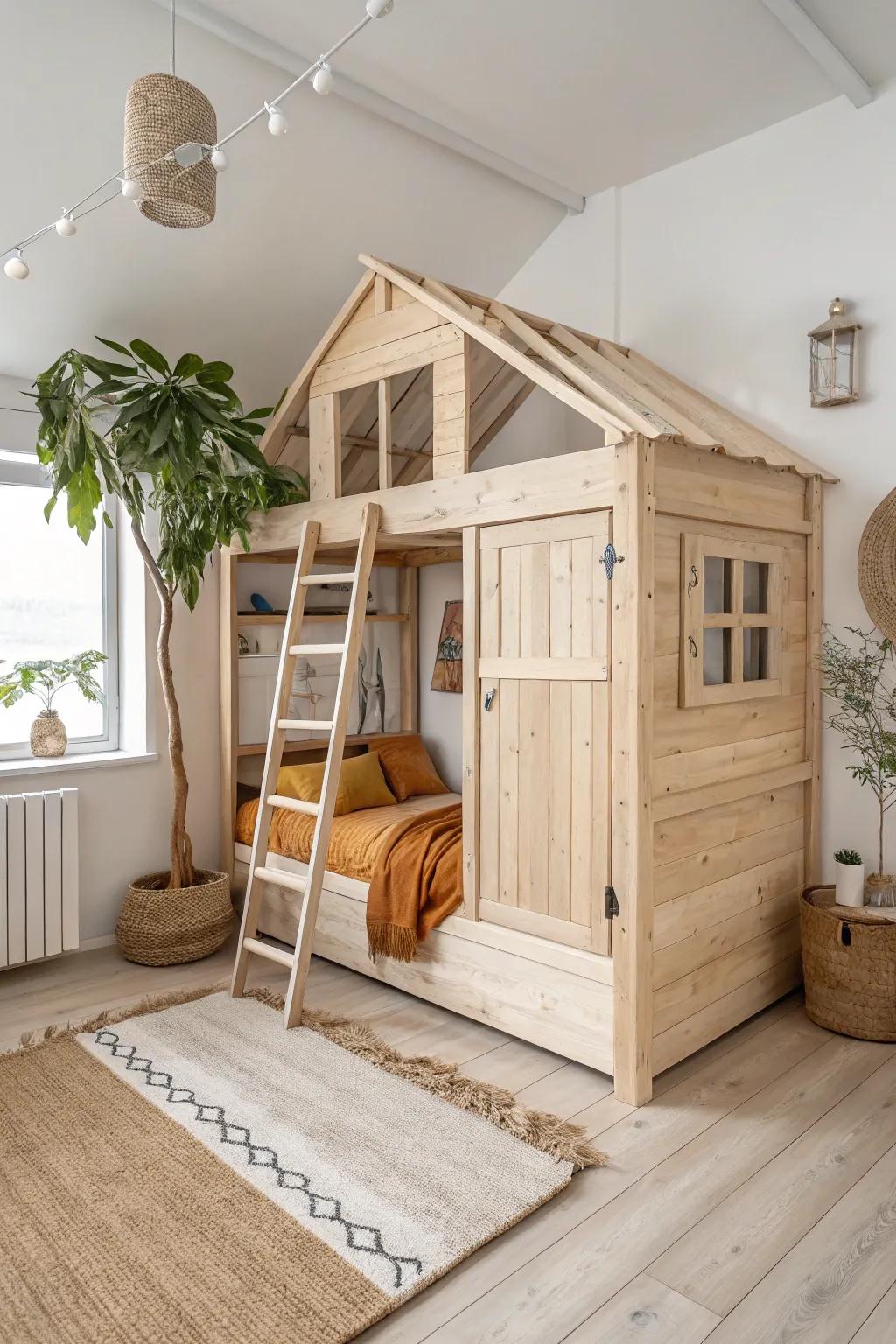 A secret-fort loft bed with a soft-close trapdoor entry—minimal, safe, and magical.