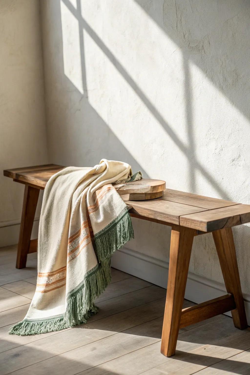 Cream linen and olive accents soften a rustic wood bench for effortless Tuscan warmth.
