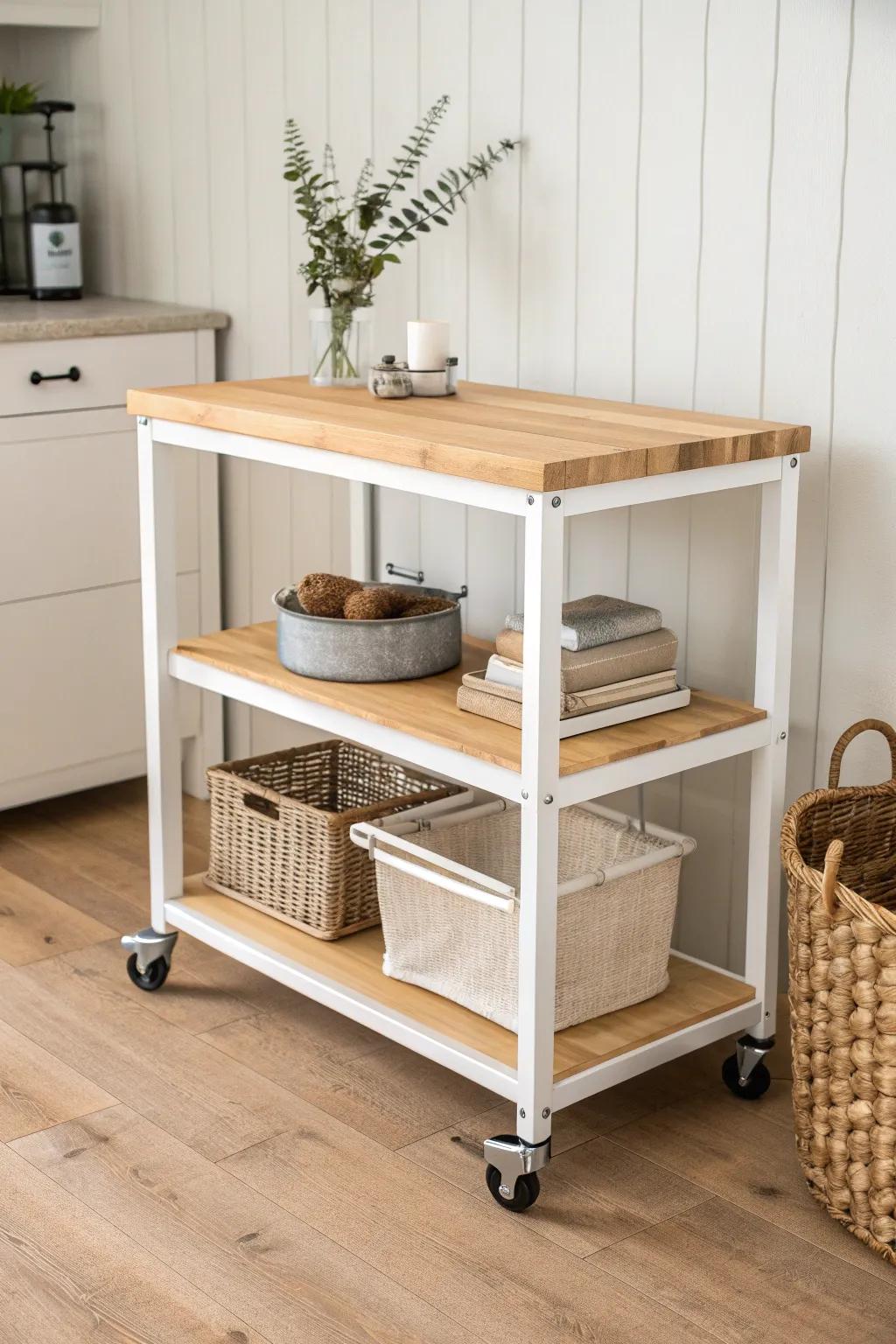 Rolling cart media station: a flexible, lockable, wood-top alternative to a classic TV stand.