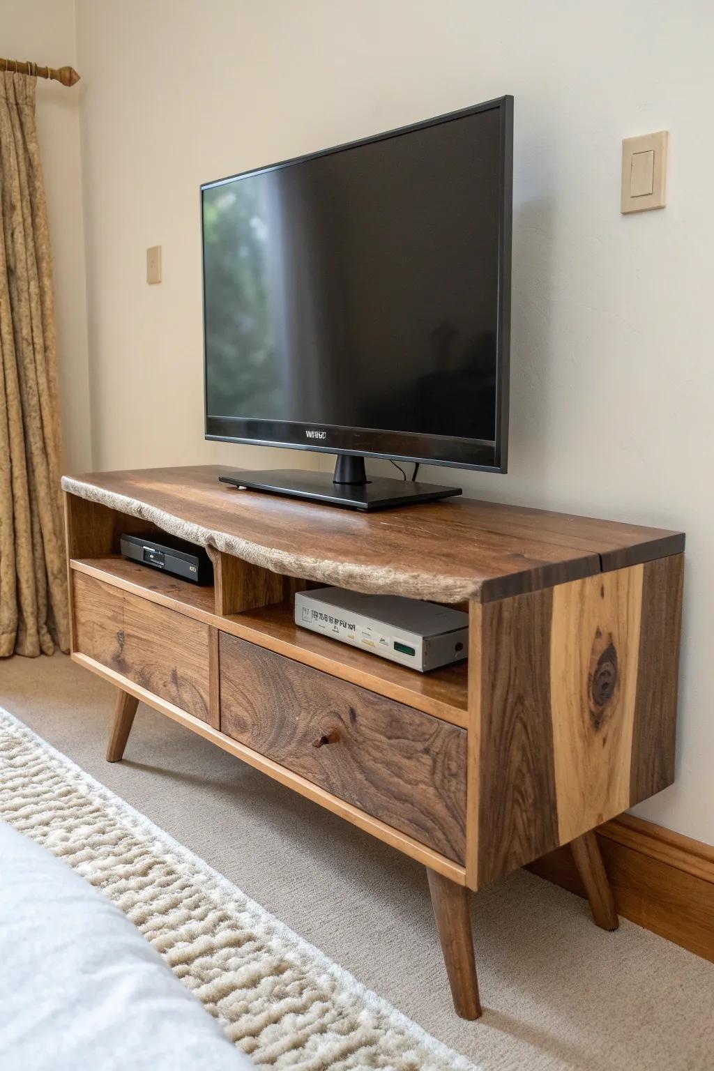 A live-edge slab TV stand adds warm, natural texture—matte-finished to let the grain shine.
