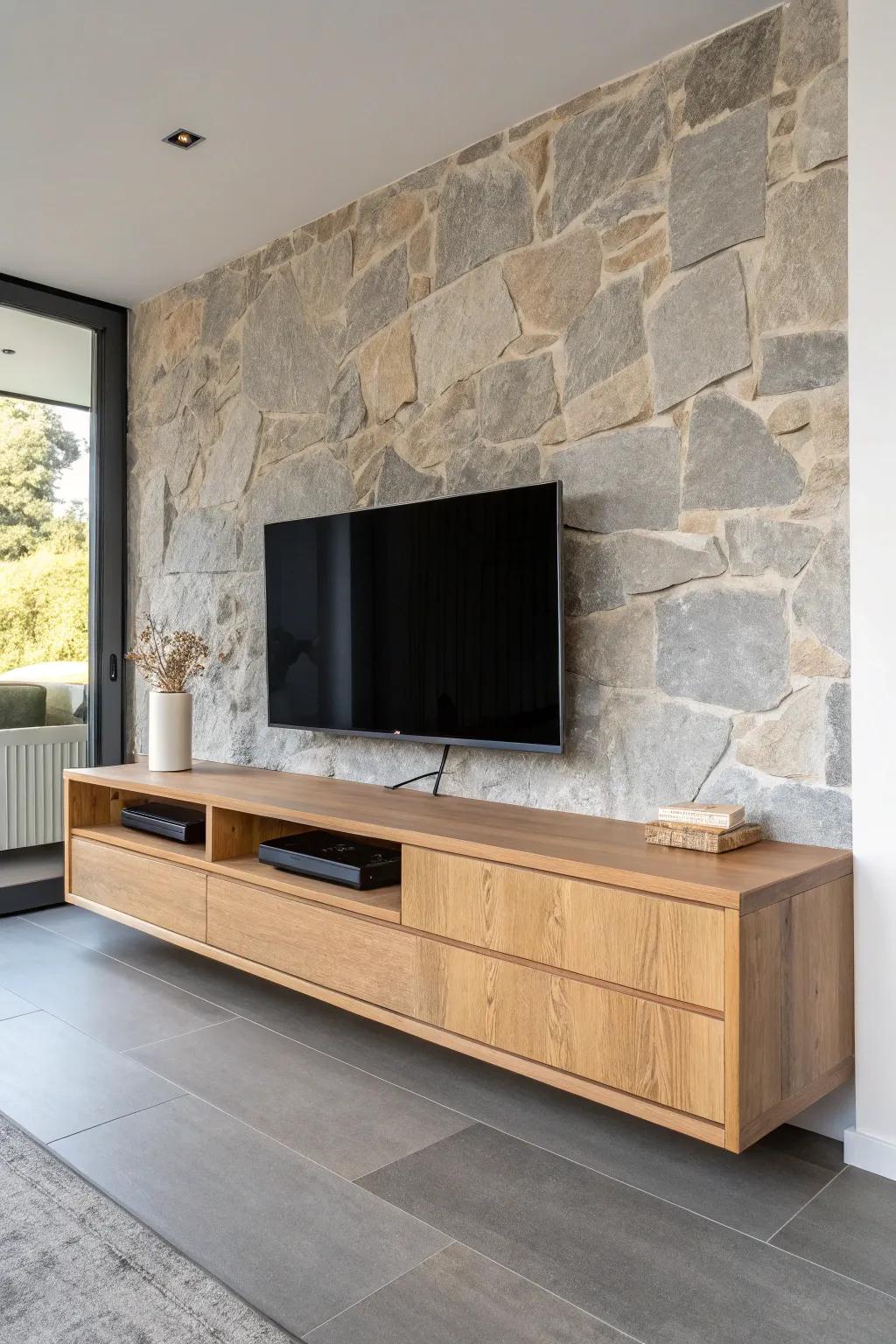 Warm oak TV unit against a stone-look backdrop—minimal, cozy contrast with luxe vibes.