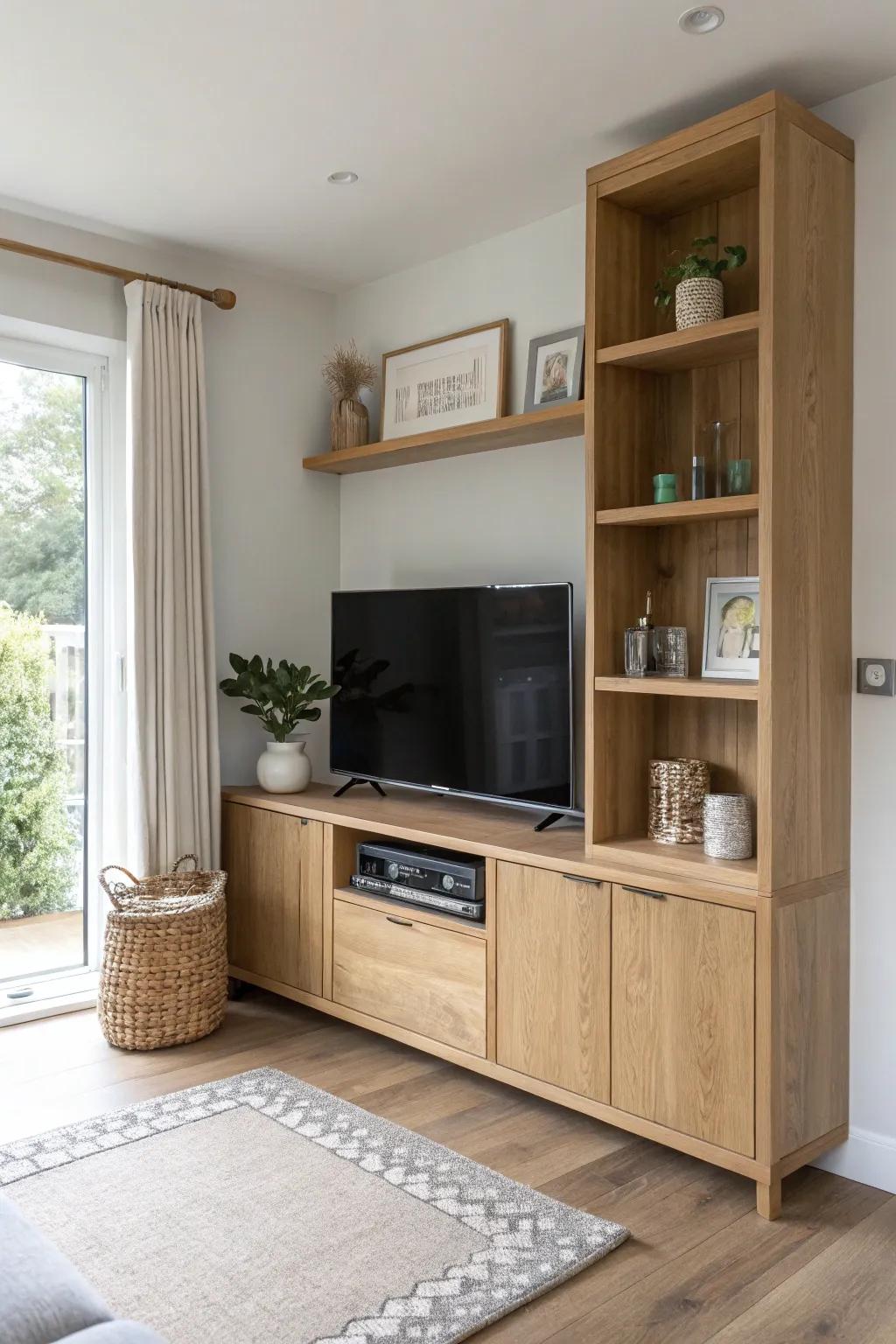 A corner-wrapping oak TV wall unit that makes small spaces feel custom, calm, and bigger.
