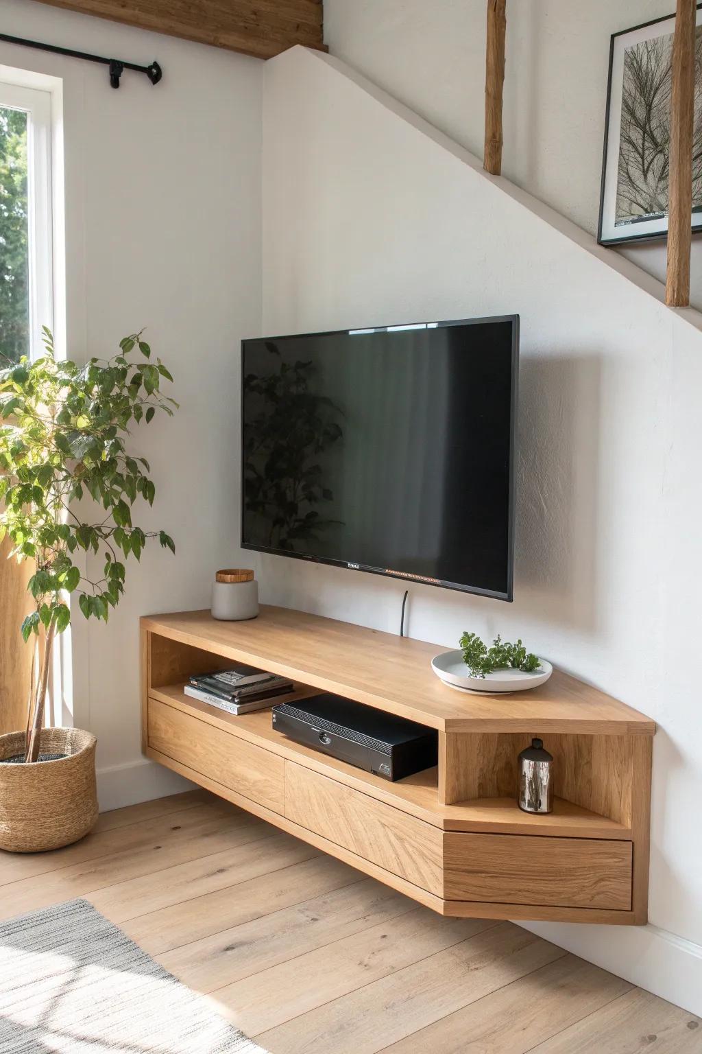 Wraparound corner shelves make a TV wall feel bigger—plus a perfect perch for plants.