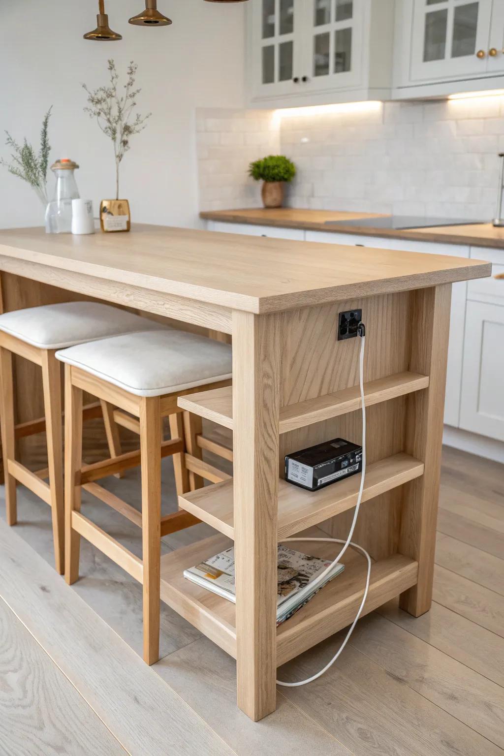 Two-tier island with hidden under-lip charging—cords stay out of the prep zone and look chic.