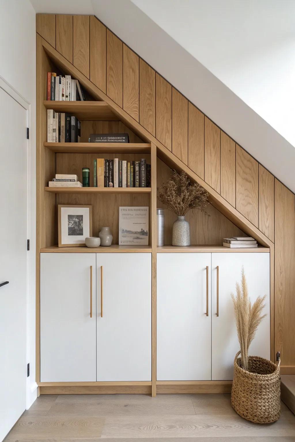Under-stairs storage: airy bookshelf display above, sleek cupboards below for games and albums.