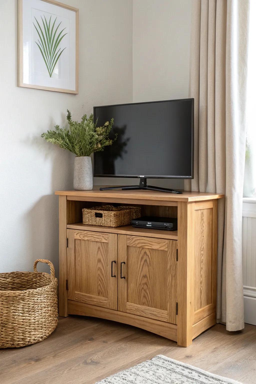 A corner console that hugs the TV wall—smart under-TV storage with an airy angled shelf.