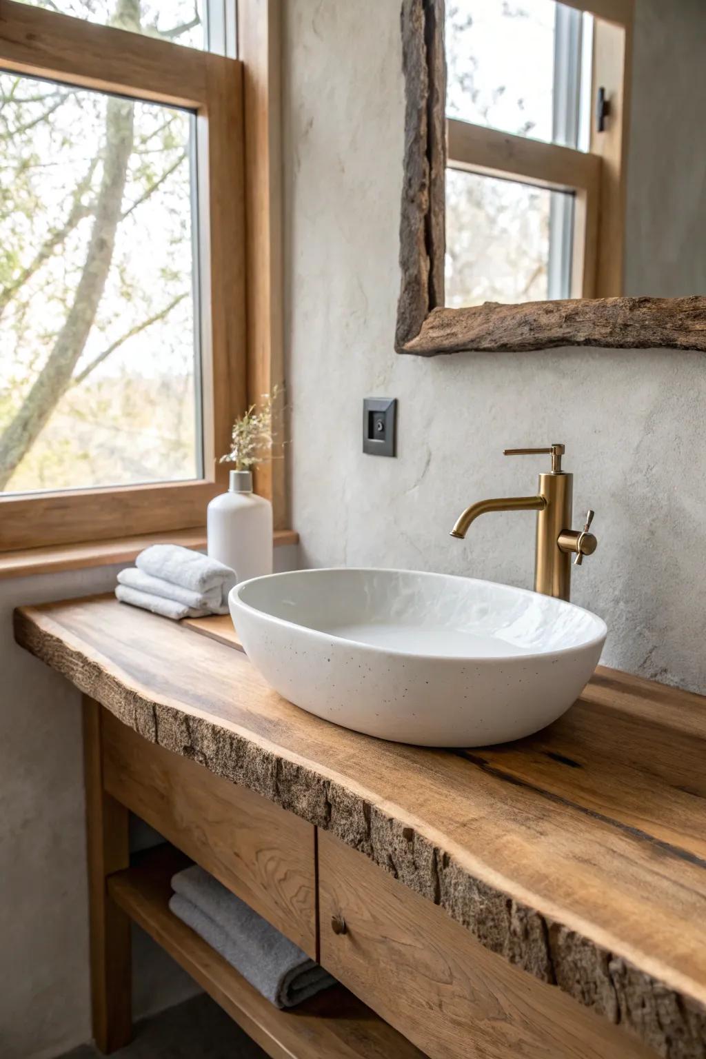 Live-edge wood vanity top: organic curves, warm grain, and calm Scandinavian bathroom style.