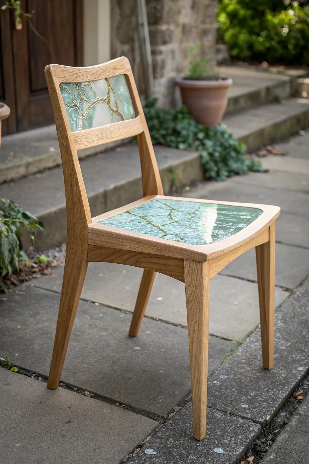 Crackle-seat chair with tinted resin inlay—like lightning through the grain, beautifully imperfect.