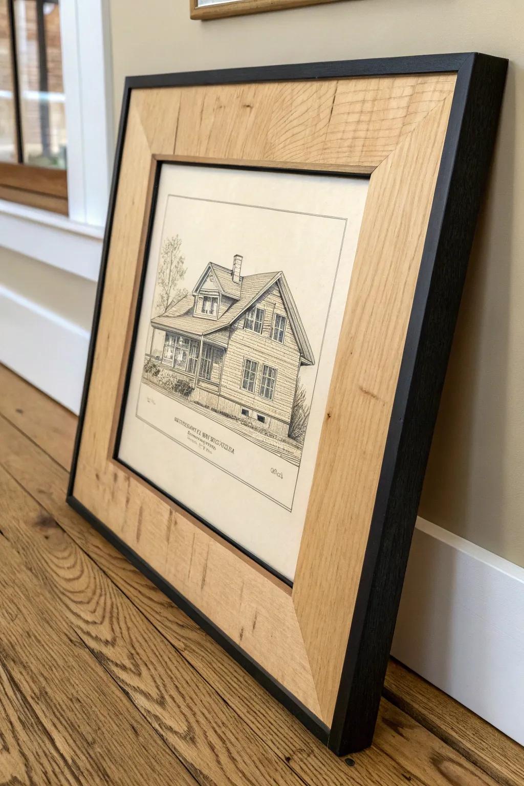 Architectural drawing framed with exposed birch plywood edge—minimal, collected, and warm.