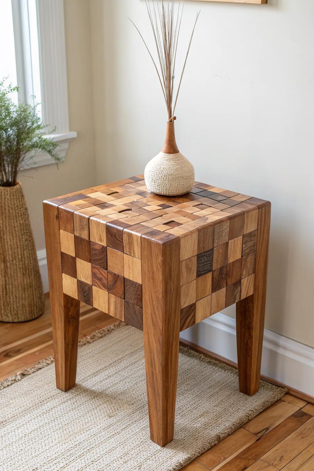 End-grain scrapwood side table—bold texture, calm minimal lines, and a beautiful patchwork grain.