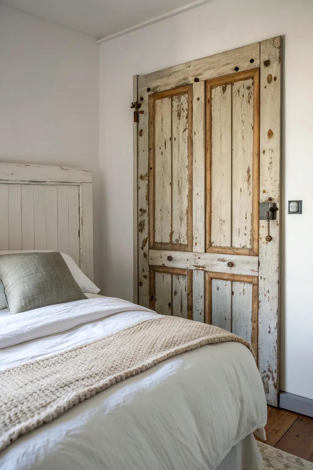Turn a salvaged vintage door into a headboard for instant character and low-budget impact.