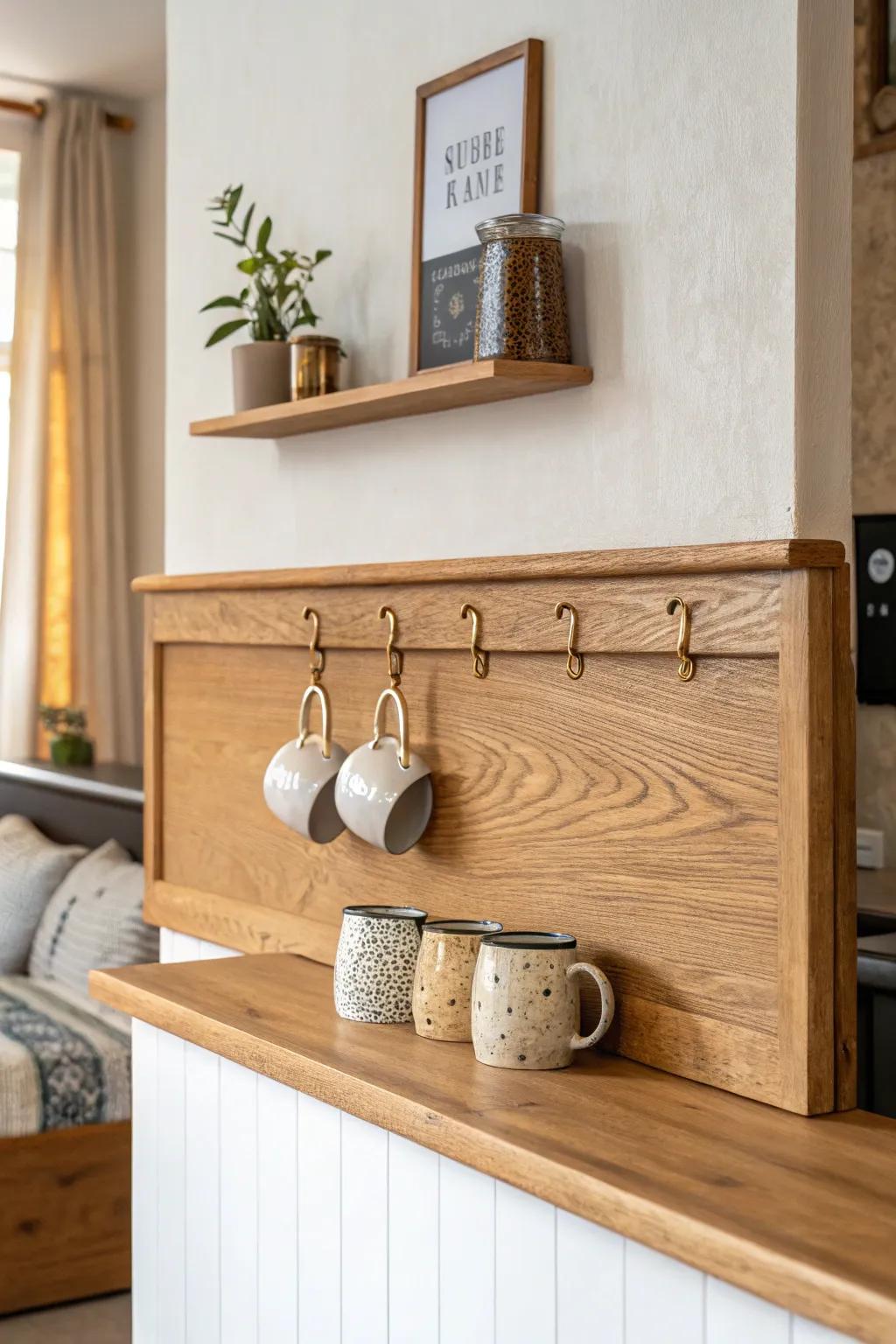 Upcycled headboard turns a plain corner into a chic coffee-bar backdrop with hooks & shelf.