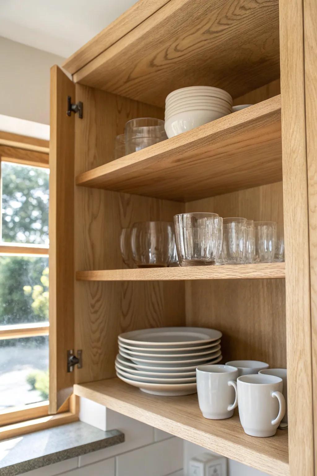 A simple wooden shelf riser doubles cabinet space for plates, mugs, and glasses—beautifully.