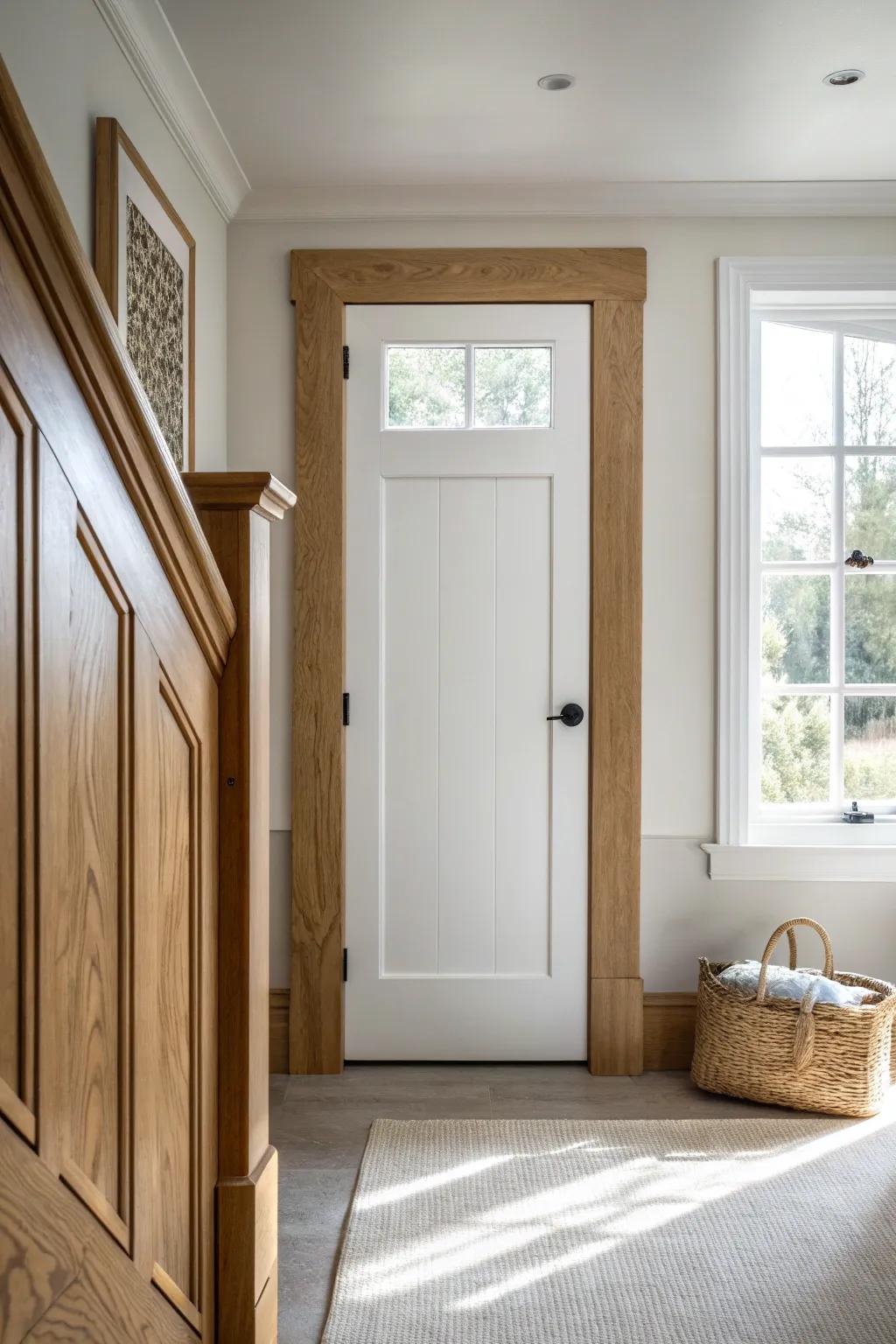 Chunky wood casing + crisp painted door = an instant upstairs hallway upgrade with Scandi calm.