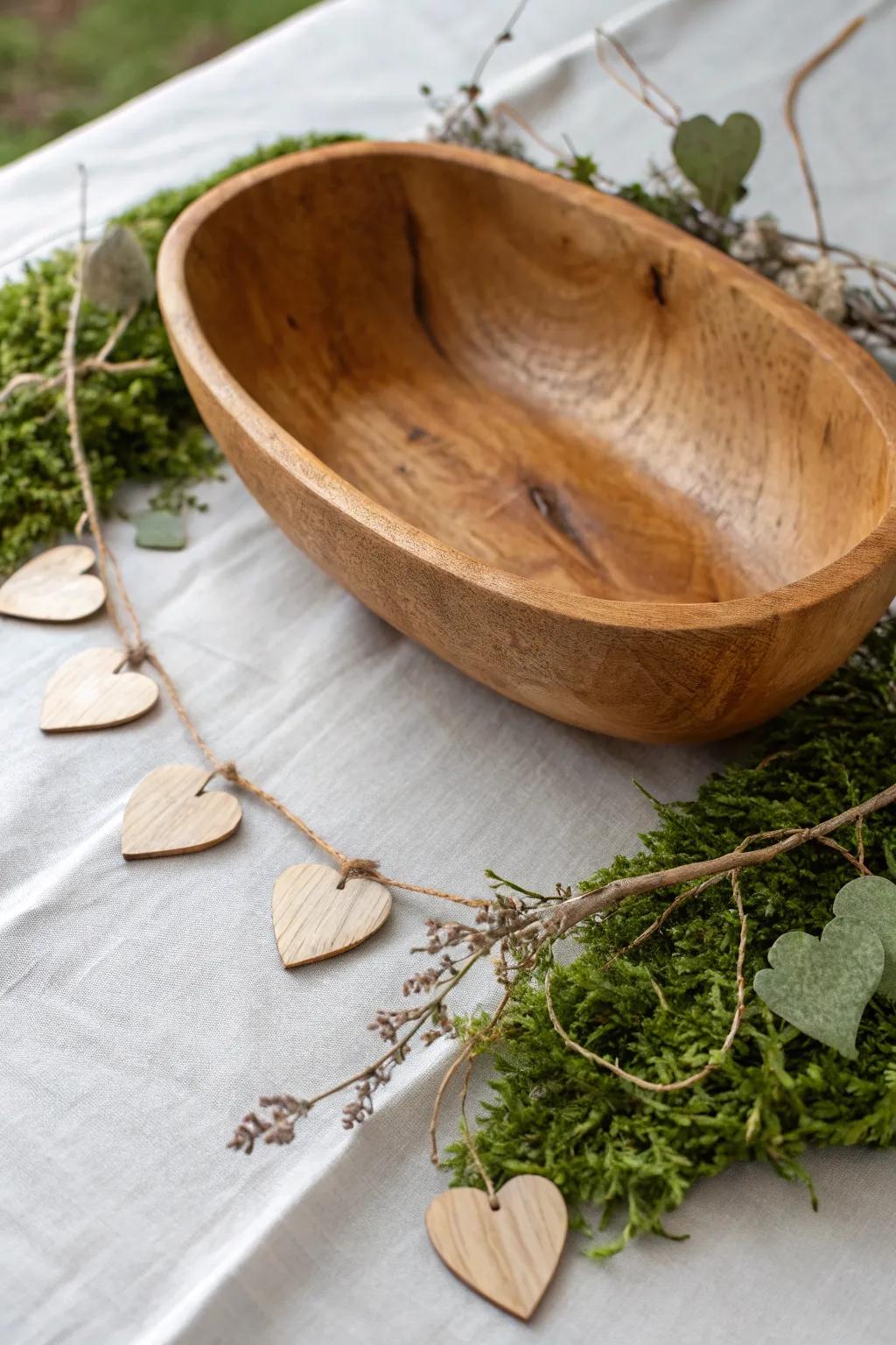 Rustic heart banner draped over a dough bowl, layered with moss for Valentine charm.