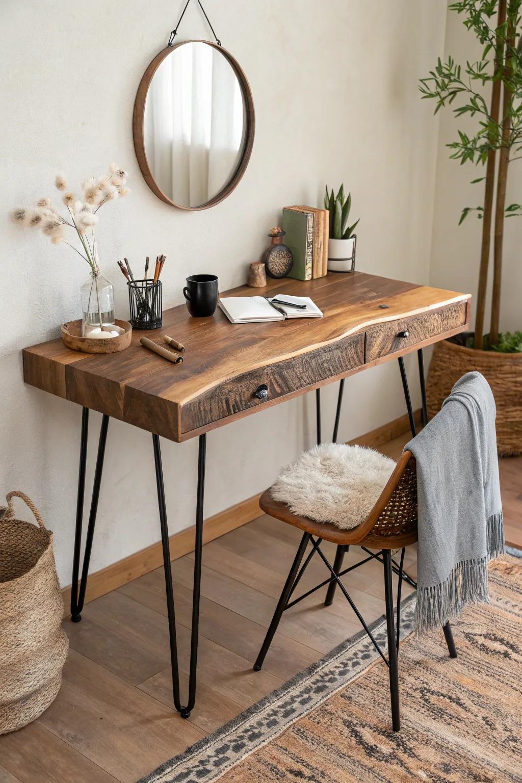 A live-edge slab vanity desk that feels like functional art—warm grain, wipe-clean finish.