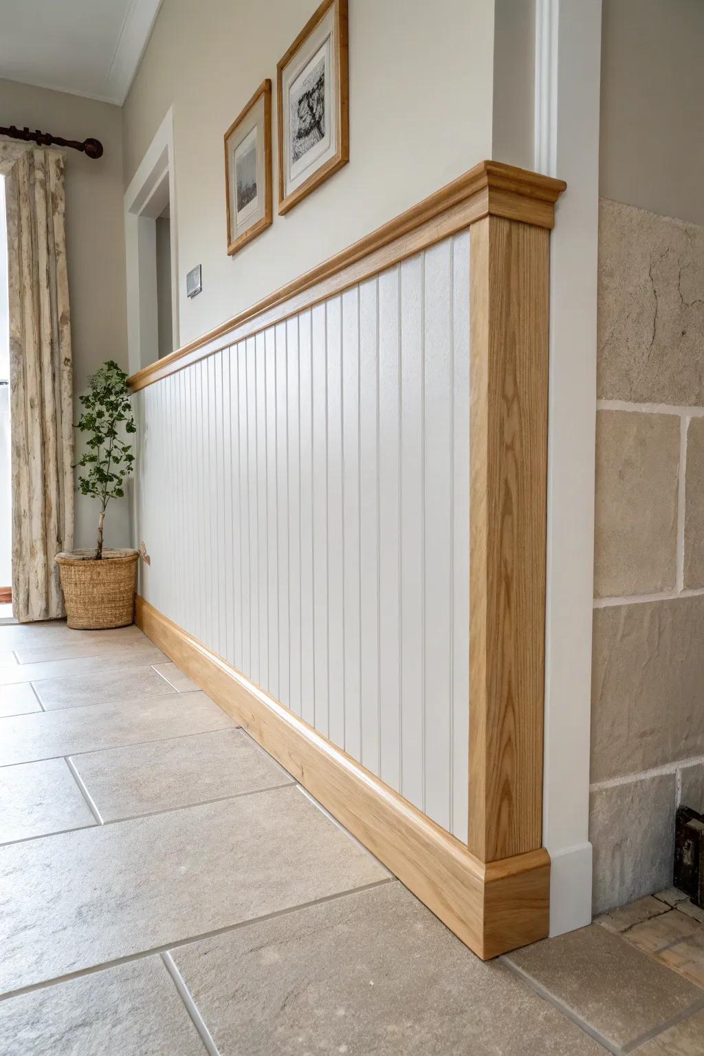 Two-tone vertical shiplap: crisp white wainscoting topped with warm greige for a soft contrast.