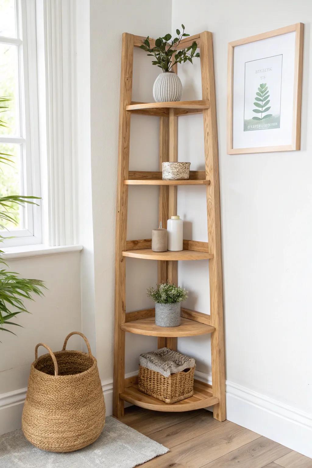 Stair-step corner shelves in warm oak—vertical storage that feels light, airy, and handmade.