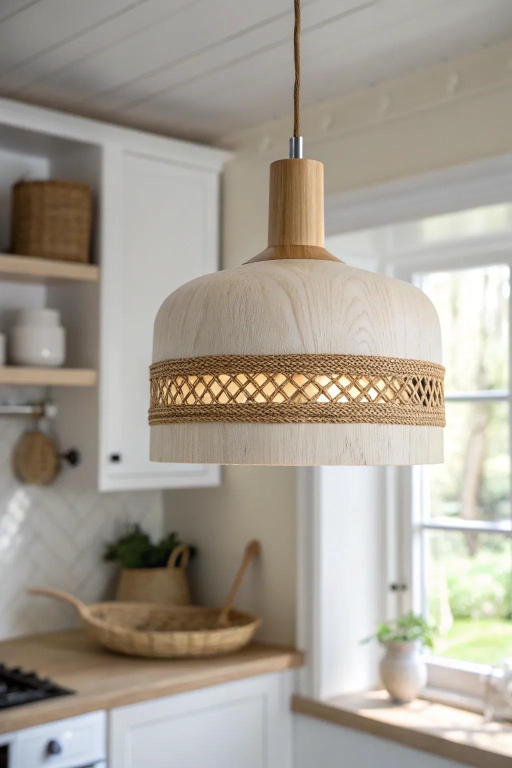 One wooden statement pendant instantly warms up a tiny kitchen—without stealing storage.