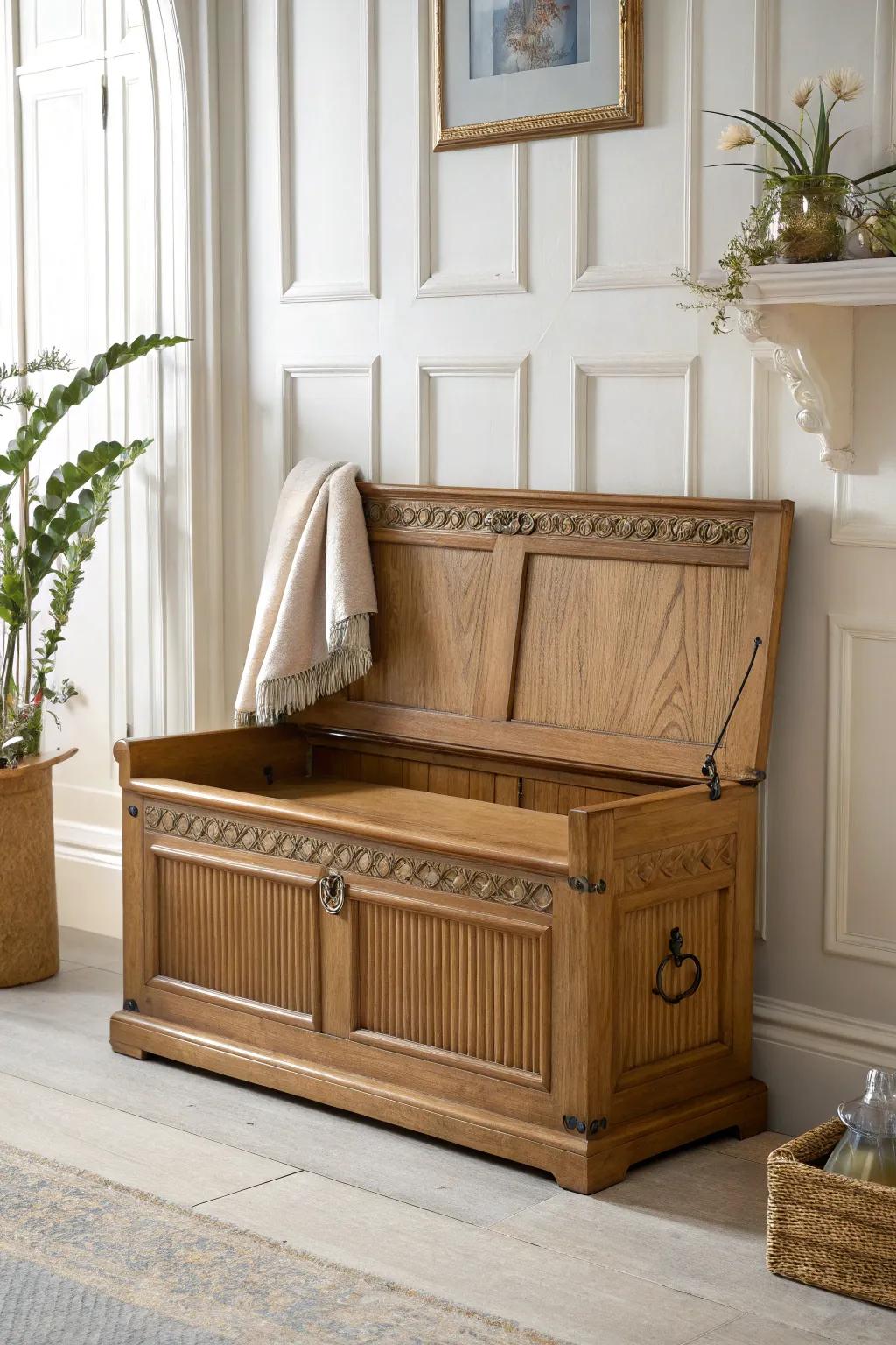 Victorian-style storage bench with a hidden lift-top—pretty entryway, shoes tucked away.