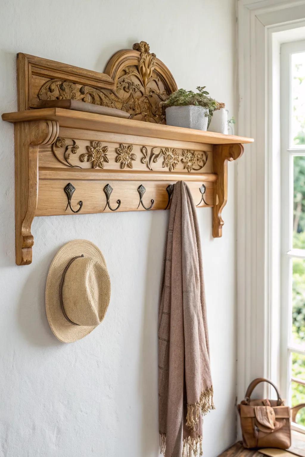 Victorian charm meets Scandinavian calm—carved coat rack + hat shelf in warm natural wood.