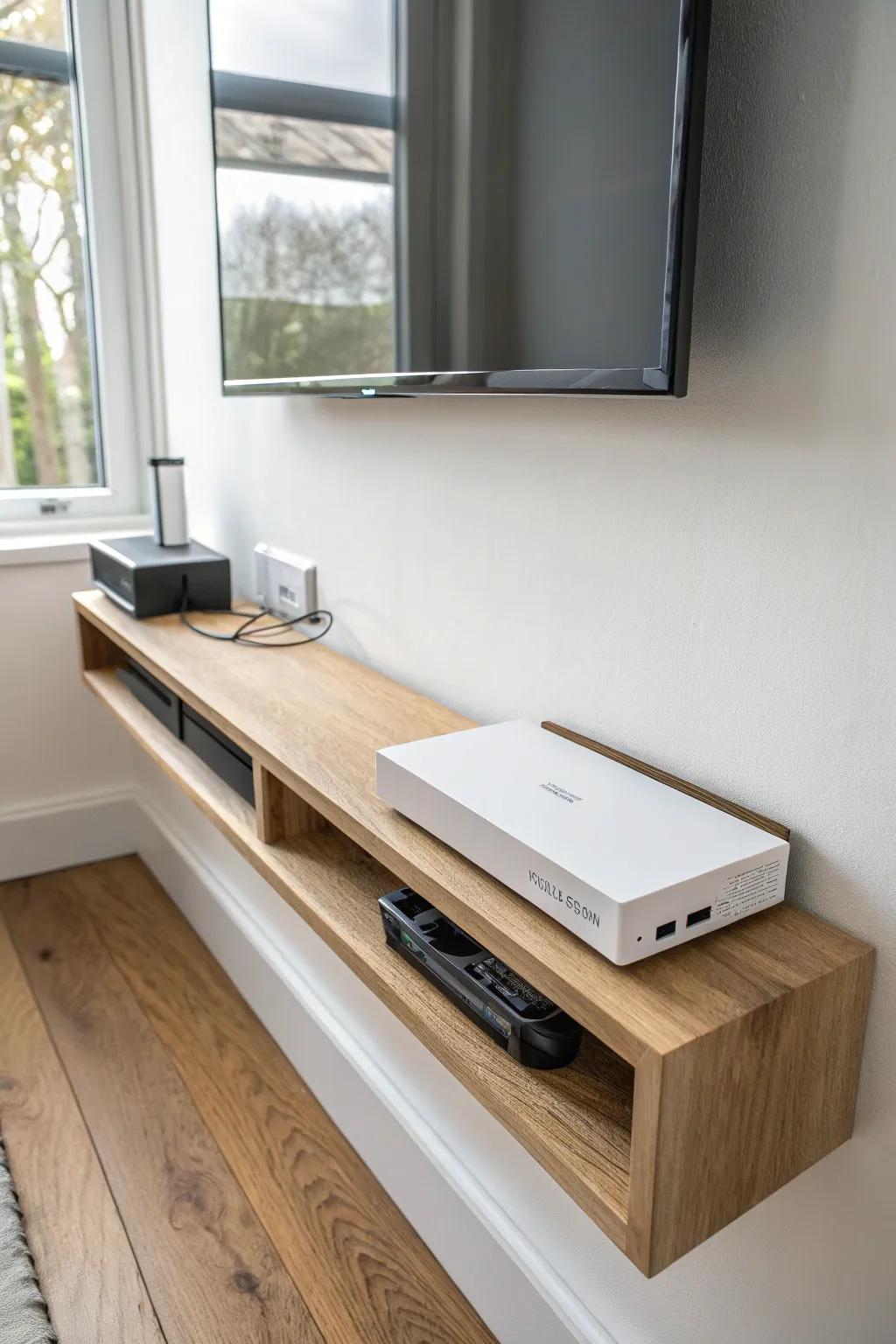 A clean oak console shelf with a hidden cable raceway—swap consoles easily, stay clutter-free.